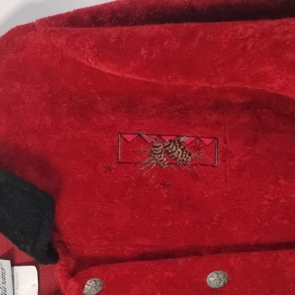 Vintage Artisans Women's Red Holiday Pinecone Sweater Jacket with Black Trim - Picture 3 of 13